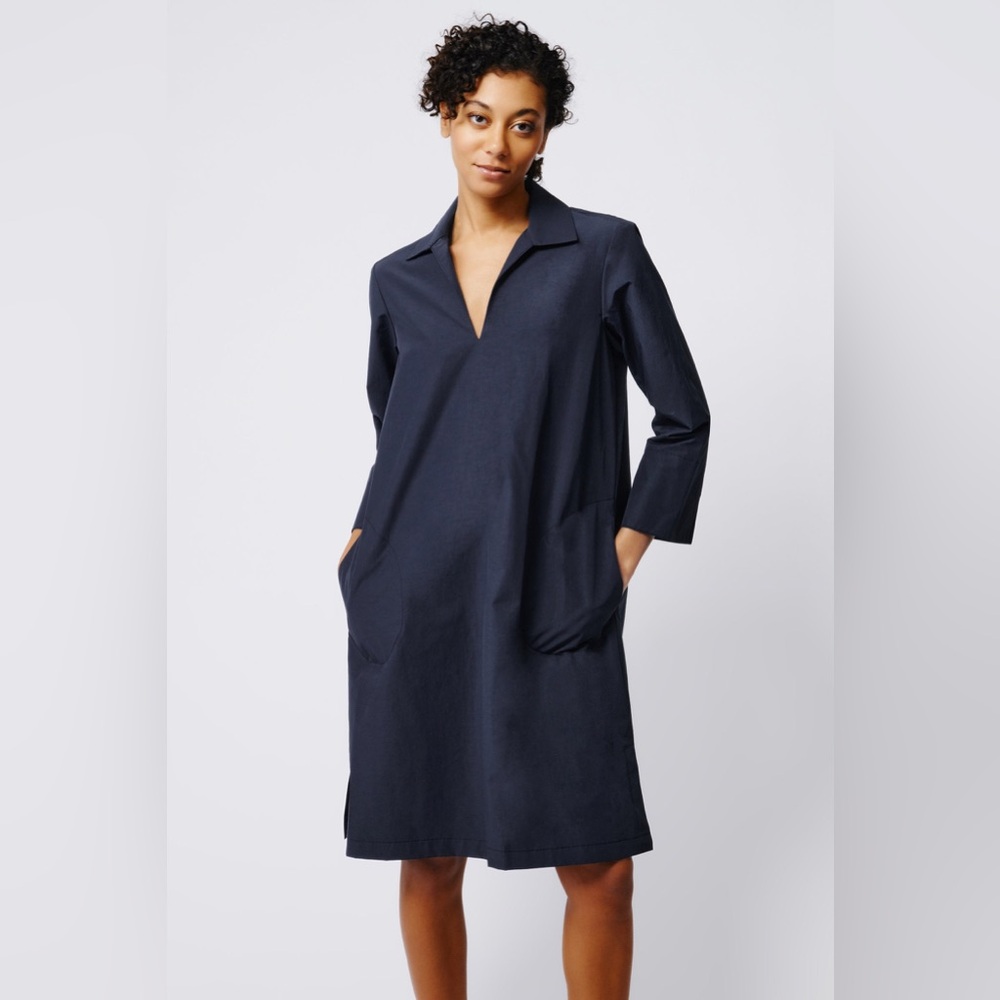 Kal Reiman Trendy Collared V-Neck Dress - Navy Broadcloth MEDIUM